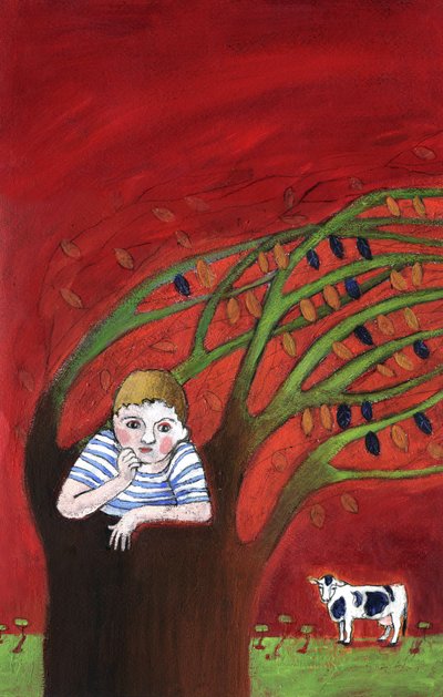 La solitudine di un bambino orfano, solo su un albero, il vento tra i rami da Patrizia La Porta