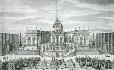 La Grande Grotta e il Giardino della Fontana al Palazzo del Piacere Principe e Giardini, Berlino, inciso da Johann August Corvinus, pubblicato c.1711-16 da Paul Decker