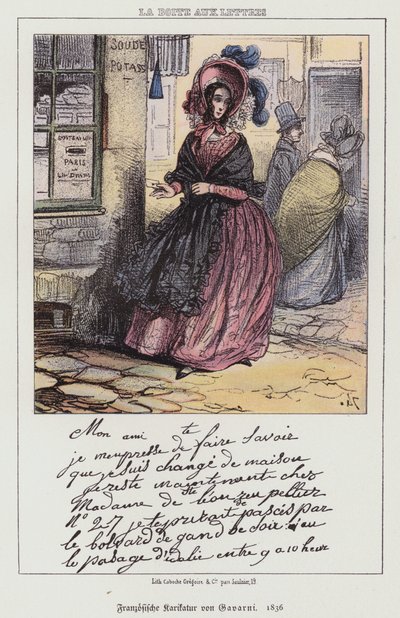Donna che va a imbucare una lettera, cartone animato francese da Paul (after) Gavarni