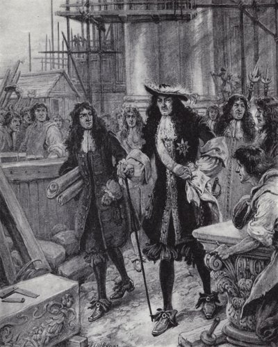 Re Carlo II che supervisiona la ricostruzione della Cattedrale di San Paolo dopo il Grande Incendio di Londra da Paul (after) Hardy
