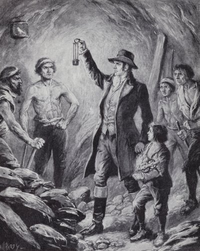 Sir Humphrey Davy e la sua invenzione della prima lampada di sicurezza per minatori da Paul (after) Hardy