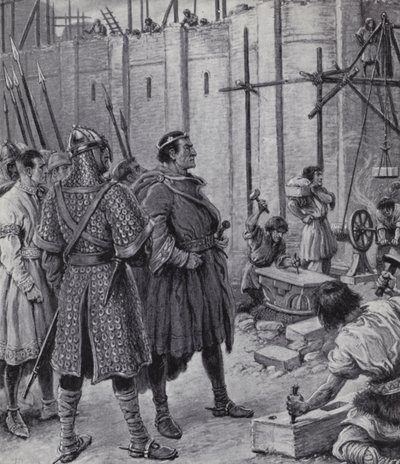 Guglielmo il Conquistatore supervisiona la costruzione della Torre di Londra (litografia) da Paul (after) Hardy