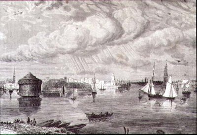 Porto di New York negli anni 1860 (incisione) da Paul (after) Huet