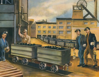 La testa del pozzo di una miniera di carbone nel Regno Unito (litografia a colori) da Paul B. Mann