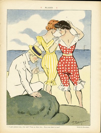 Illustrazione di Paul Balluriau (1860-1917) in Le Rire, 01/08/08 - Spiagge - Tempo libero, Amore, Moda, Marina Marittima, Costumi da bagno da Paul Balluriau