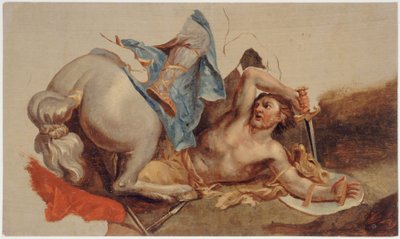 Studio di cavallo e cavaliere caduto, dopo Le Brun (olio su carta) da Paul Baudry