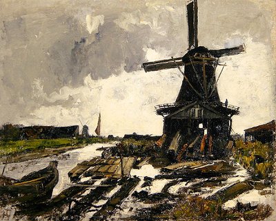 Olanda, un paesaggio di canali con un mulino a vento per segare legno, c.1885 da Paul Baum