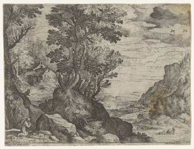 Paesaggio montano con eremita in preghiera da Paul Bril