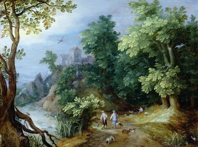 Paesaggio con cacciatori e cani da Paul Bril