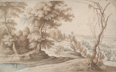 Paesaggio con alberi e vista su una valle da Paul Bril