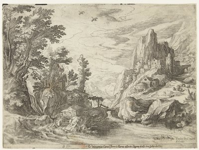Paesaggio fluviale in Campania con città su rocce da Paul Bril