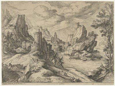 Costa rocciosa in Campania con città e viaggiatori da Paul Bril