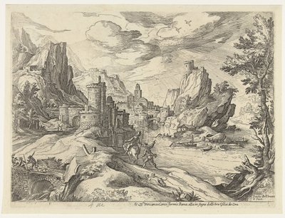 Costa rocciosa in Campania con città e viaggiatori da Paul Bril