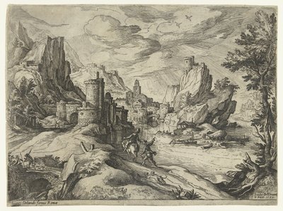 Costa rocciosa in Campania con città e viaggiatori da Paul Bril