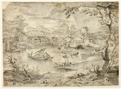 Veduta della città con barca da pesca in primo piano da Paul Bril
