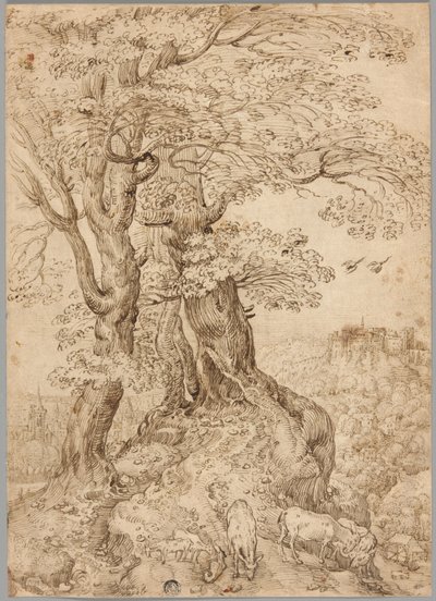 Paesaggio boscoso con asini e capre, e castello su una collina in lontananza da Paul Bril