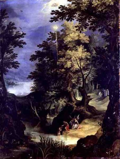 Paesaggio che raffigura il battesimo di Cristo e il sermone del battesimo da Paul Brill or Bril