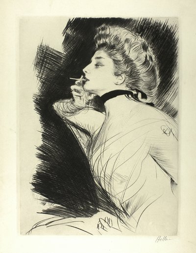 Ritratto a mezzo busto di donna seduta, che fuma una sigaretta, rivolta a sinistra da Paul Cesar Helleu