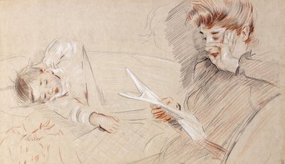 Madame Helleu che legge con Paulette sul divano da Paul Cesar Helleu