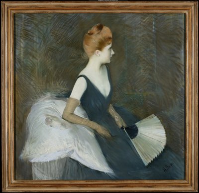 Madame Marthe Letellier Seduta su un Divano, con un Ventaglio, c.1895 da Paul Cesar Helleu
