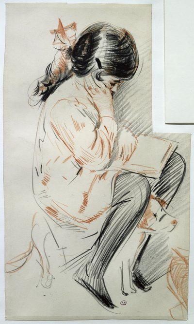 Paulette che legge seduta sul suo cane giocattolo da Paul Cesar Helleu