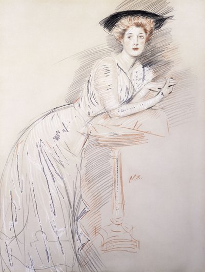 Ritratto di Miss Taylor appoggiata a un tavolo da Paul Cesar Helleu