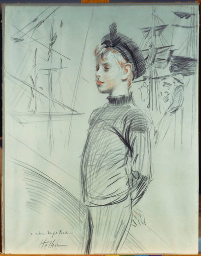 Ritratto di un ragazzo con cappello da marinaio e dolcevita, con navi sullo sfondo da Paul Cesar Helleu