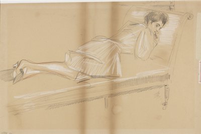 Donna sdraiata su una panca da Paul Cesar Helleu