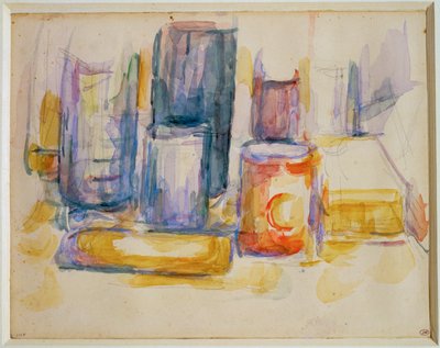 Tavolo da cucina, pentole e bottiglie (pittura) da Paul Cézanne