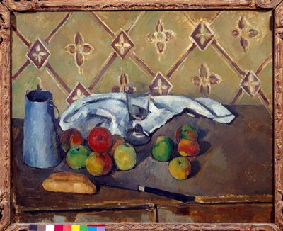 Frutta, tovagliolo, pane e scatola di latte da Paul Cézanne
