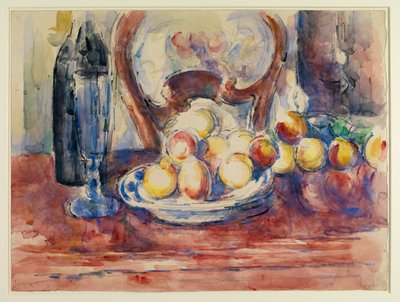Mele, bottiglia e schienale di sedia, c.1904-06 da Paul Cézanne