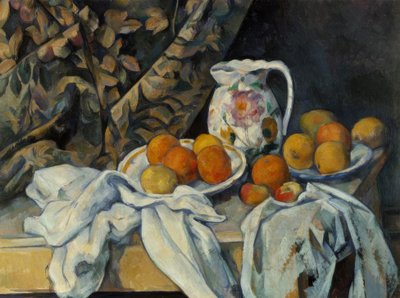 Natura morta con tenda e brocca fiorita da Paul Cézanne