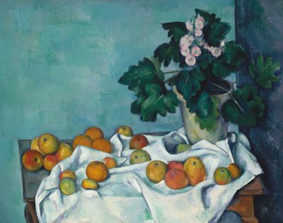 Natura morta con mele e vaso di primule da Paul Cézanne