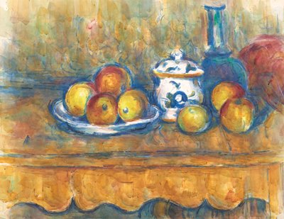 Natura morta con bottiglia blu, zuccheriera e mele da Paul Cézanne