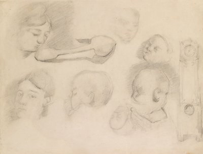 Studi di una testa di bambino, una testa di donna, un cucchiaio e un orologio a pendolo, c1872 da Paul Cézanne