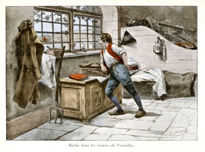 Rissa nelle scuderie di Versailles: Lazare Hoche (1768-1797) entrò nelle scuderie reali a 14 anni come assistente supernumerario - Illustrazione di Emile Boutigny (1853-1929) in Hoche-Marceau-Desaix di Théodore Cahu (1854-1928) - Collezione privata da Paul Émile Boutigny