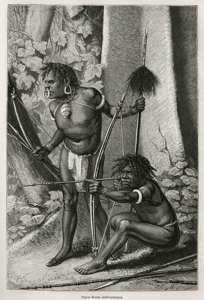 Ritratti di due papuani Karons, antropofagi, incisione di E. Mesples, per illustrare il viaggio in Nuova Guinea di Achille Raffray, incaricato di una missione scientifica dal Ministero della Pubblica Istruzione, nel 1876-1877, pubblicato in Le tour du mond da Paul Eugene (after) Mesples