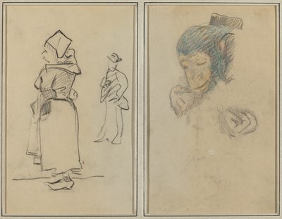 Una donna bretone e un uomo in piedi; Testa e mano di una scimmia da Paul Gauguin