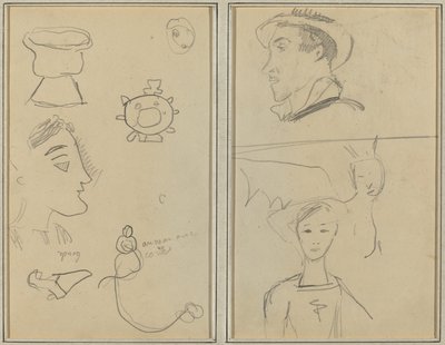 Una caricatura e cinque forme; Un uomo di profilo, una creatura alata e un ragazzo [verso] da Paul Gauguin