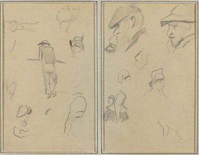 Un uomo appoggiato a un muro con altri cinque studi; Due uomini barbuti con cappelli e altri cinque studi da Paul Gauguin