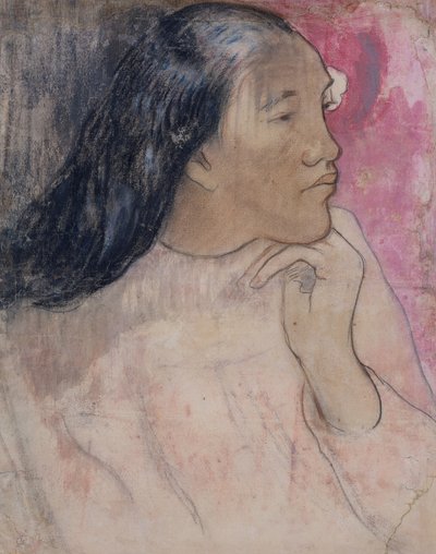 Una donna tahitiana con un fiore tra i capelli da Paul Gauguin