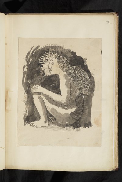 Prima e dopo - disegno di una donna nativa nuda seduta, di profilo, con le ginocchia piegate da Paul Gauguin