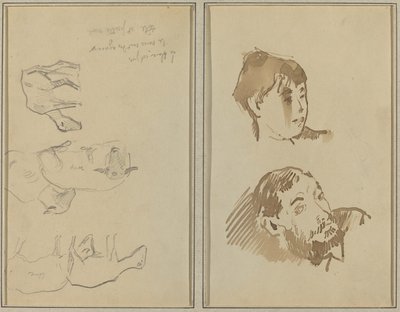 Cinque pecore; Testa di una donna e testa di un uomo barbuto da Paul Gauguin