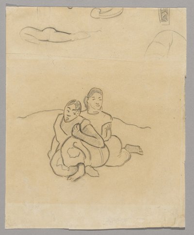 Frammenti di corpi, un disegno decorativo e due donne tahitiane accovacciate in un paesaggio legato a Nafea Faaipoipo da Paul Gauguin