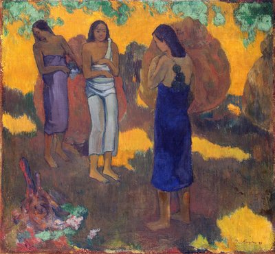 Francese:  Trois Tahitiennes sur fond jaune Tre donne tahitiane su uno sfondo giallo da Paul Gauguin