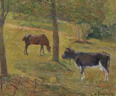 Francese: Vache et cheval dans un pré Mucca e cavallo in un prato da Paul Gauguin