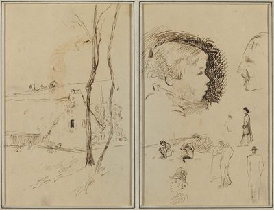 Paesaggio con un cottage; Profilo di ragazzo, profilo di uomo, due donne in un paesaggio e altri cinque studi [verso] da Paul Gauguin