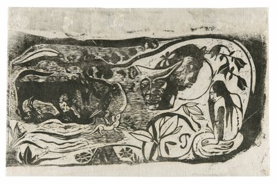 Piatto con la testa di un diavolo cornuto, dalla Suite di stampe a blocchi di legno tardive da Paul Gauguin