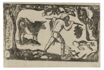 Tahitiano che porta banane, dalla suite di stampe a blocchi di legno tardive da Paul Gauguin