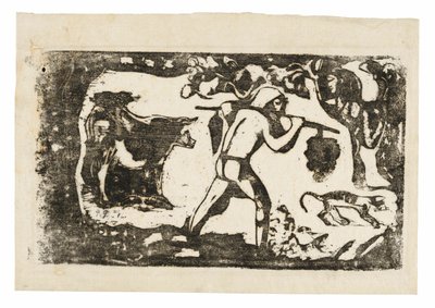 Tahitiano che porta banane, dalla Suite delle ultime stampe su legno da Paul Gauguin